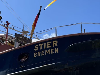 Stier 220522 InstaWalk Vom Ursprung 48 (c) Sandra Braumann_Erlebnis Bremerhaven_WEB.jpg Museumsschlepper Stier in Bremerhaven mit deutscher Flagge und farbigem Drachen am Himmel