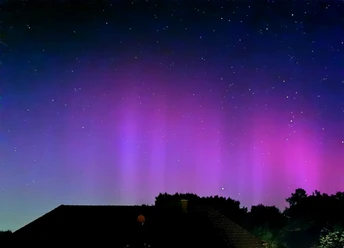 Polarlichter 2.1.jpg Am Nachthimmel leuchten violette und rosafarbene Polarlichter über dunklen Dächern und Baumkronen, während zahlreiche Sterne in der klaren Himmelskuppe funkeln.