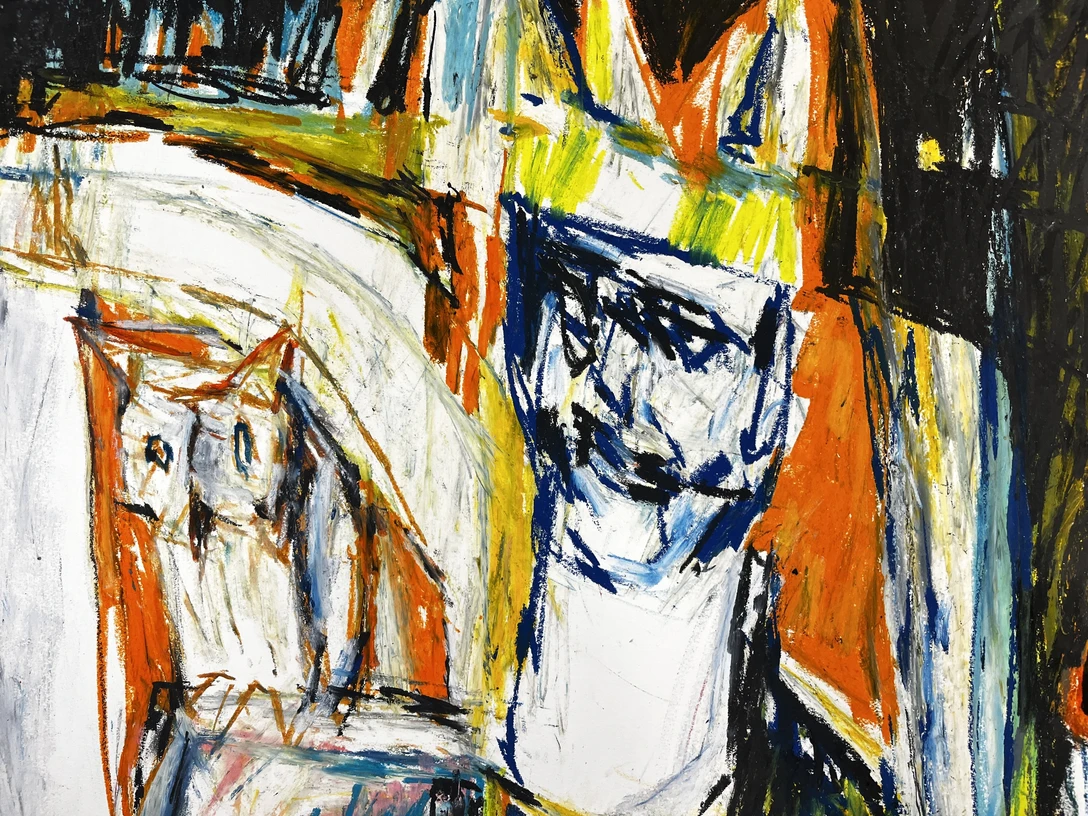 Max Hari „König & Eule/bezüglich Beckmann“, Ausschnitt, Oelkreide auf Papier