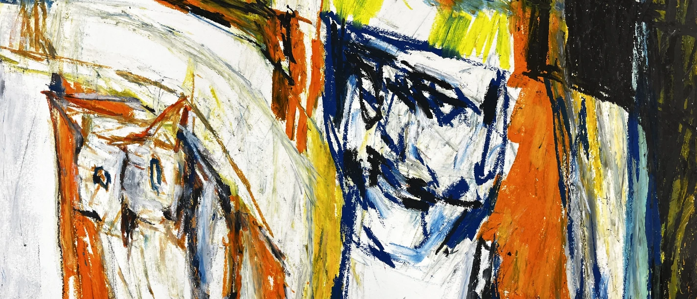 Max Hari „König & Eule/bezüglich Beckmann“, Ausschnitt, Oelkreide auf Papier