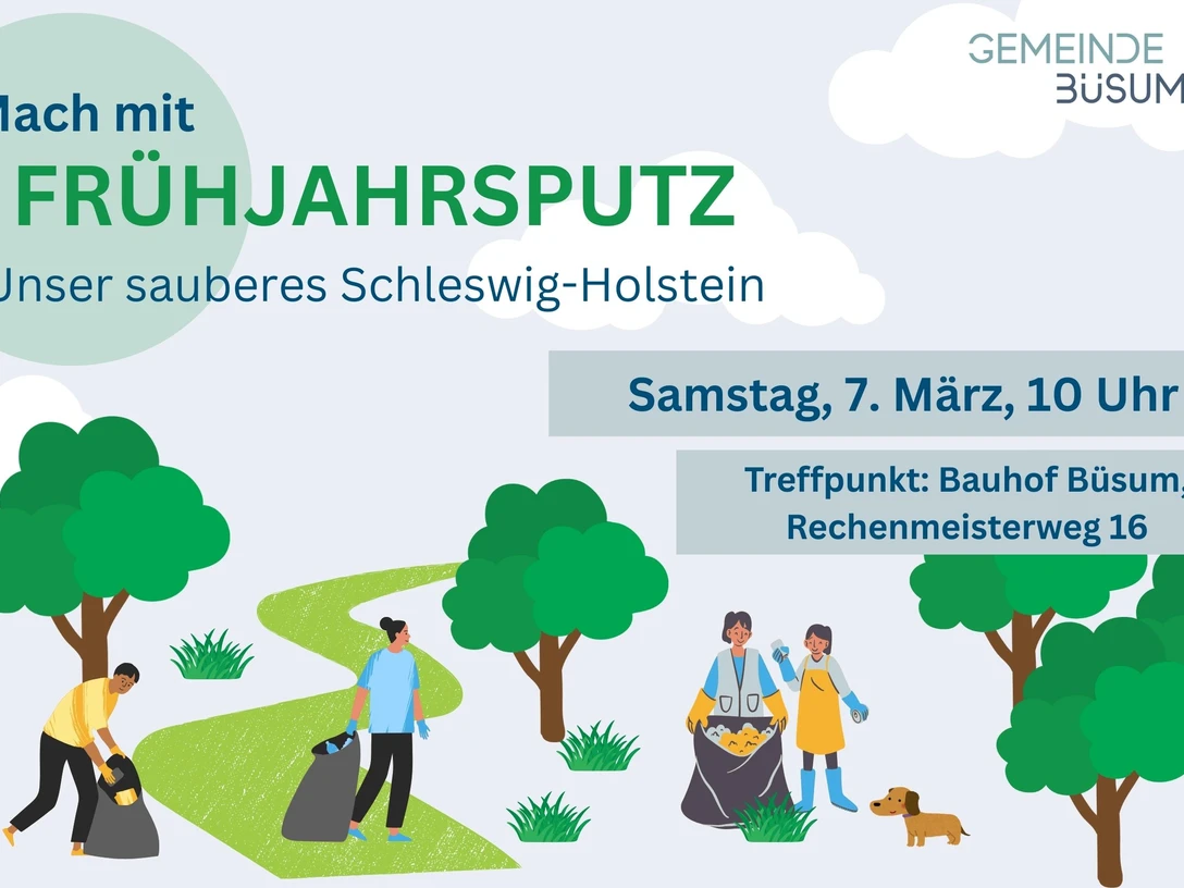 Unser sauberes Schleswig-Holstein 2026 Illustrationen: grüne Bäume und Menschen, die mit Tüten Müll aufheben und aufräumen.