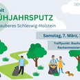 Unser sauberes Schleswig-Holstein 2026 Illustrationen: grüne Bäume und Menschen, die mit Tüten Müll aufheben und aufräumen.