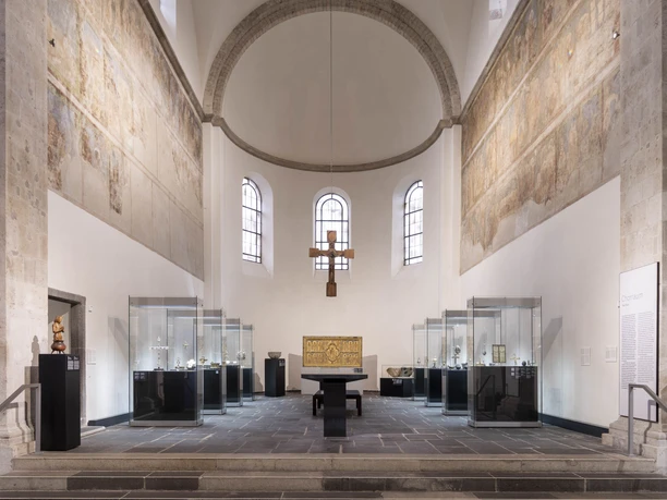Museum Schnütgen Cologne High church vault with glass showcases and sacred objects in the exhibition room