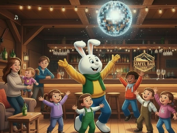 Happy dance atmosphere at the children's bar with Snowli Cheerful children dance in the Stafel bar