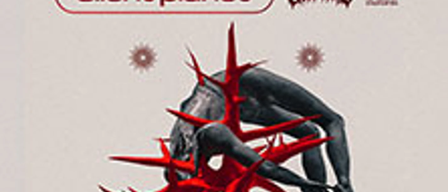 Tourposter mit Bandnamen und einer Figur, umgeben von roten, stachelartigen Formen