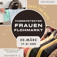 Frauenflohmarkt Plakat zum Fabbenstedter Frauenflohmarkt mit Kleidung, Waschbär-Motiv sowie 20. März, 17–21