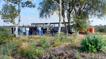 Moorbahn im Uchter Moor.jpg Besuchergruppe steht im Moor neben offener Lorenbahn, umgeben von Birken und Heidegras.
