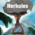 Herkules Muskulöser Herkules stemmt Felsen mit "Herkules"-Schriftzug, umgeben von Schlangen, im Gebirge.