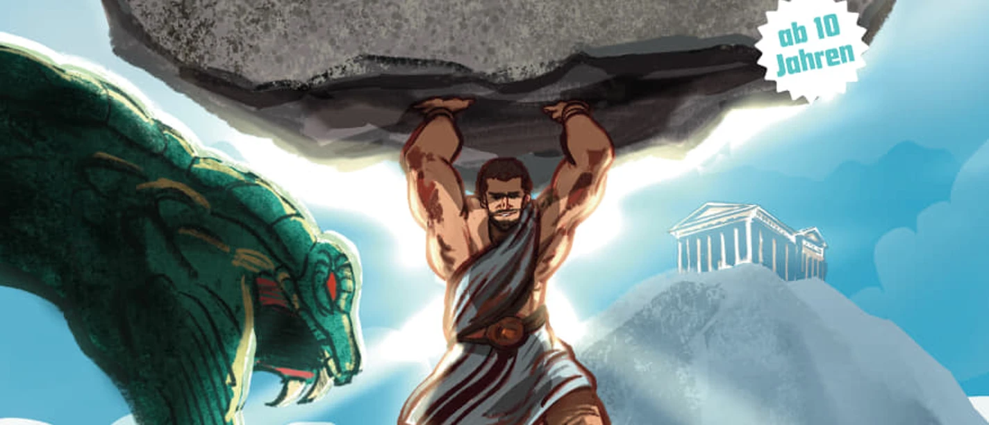 Herkules Muskulöser Herkules stemmt Felsen mit "Herkules"-Schriftzug, umgeben von Schlangen, im Gebirge.