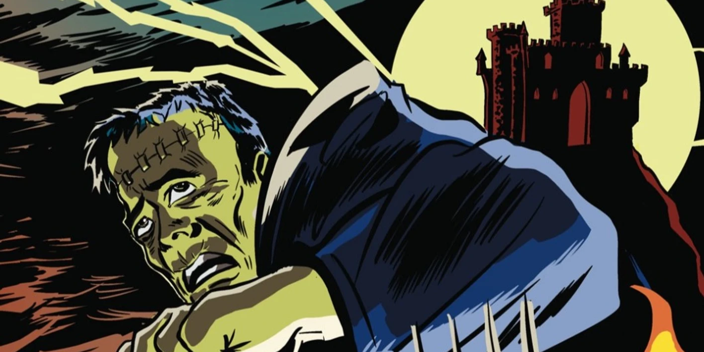 Frankenstein Frankensteins Monster bei Gewitter, ein Schloss im Mondlicht.