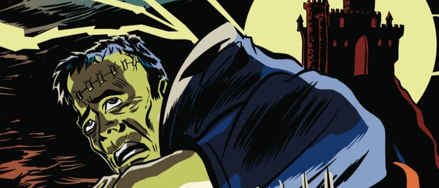 Frankenstein Frankensteins Monster bei Gewitter, ein Schloss im Mondlicht.