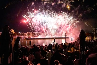 Cologne lights View of fireworks on the Rhine from the riverbank