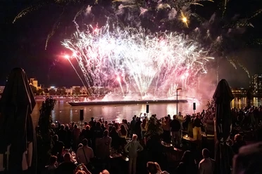 Cologne lights View of fireworks on the Rhine from the riverbank