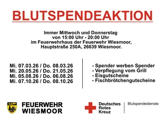 Blutspenden.jpeg Plakat zur Blutspendeaktion der Feuerwehr Wiesmoor mit Terminen und Zeiten.