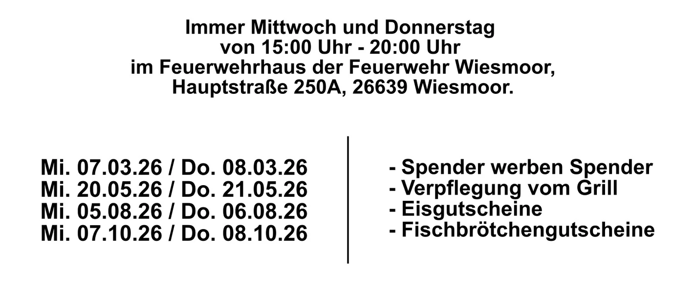 Blutspenden.jpeg Plakat zur Blutspendeaktion der Feuerwehr Wiesmoor mit Terminen und Zeiten.