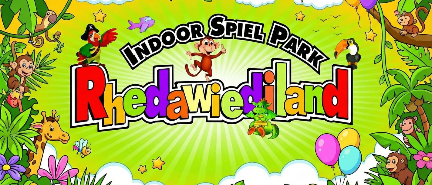 Rhedawiediland.jpg Buntes Plakat mit Schriftzug "Indoor Spiel Park Rhedawiediland"