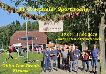 Sportwoche Greetsiel Sportwoche mit Sportplatz, Dartspiel und Besuchergruppe vor Vereinsheim