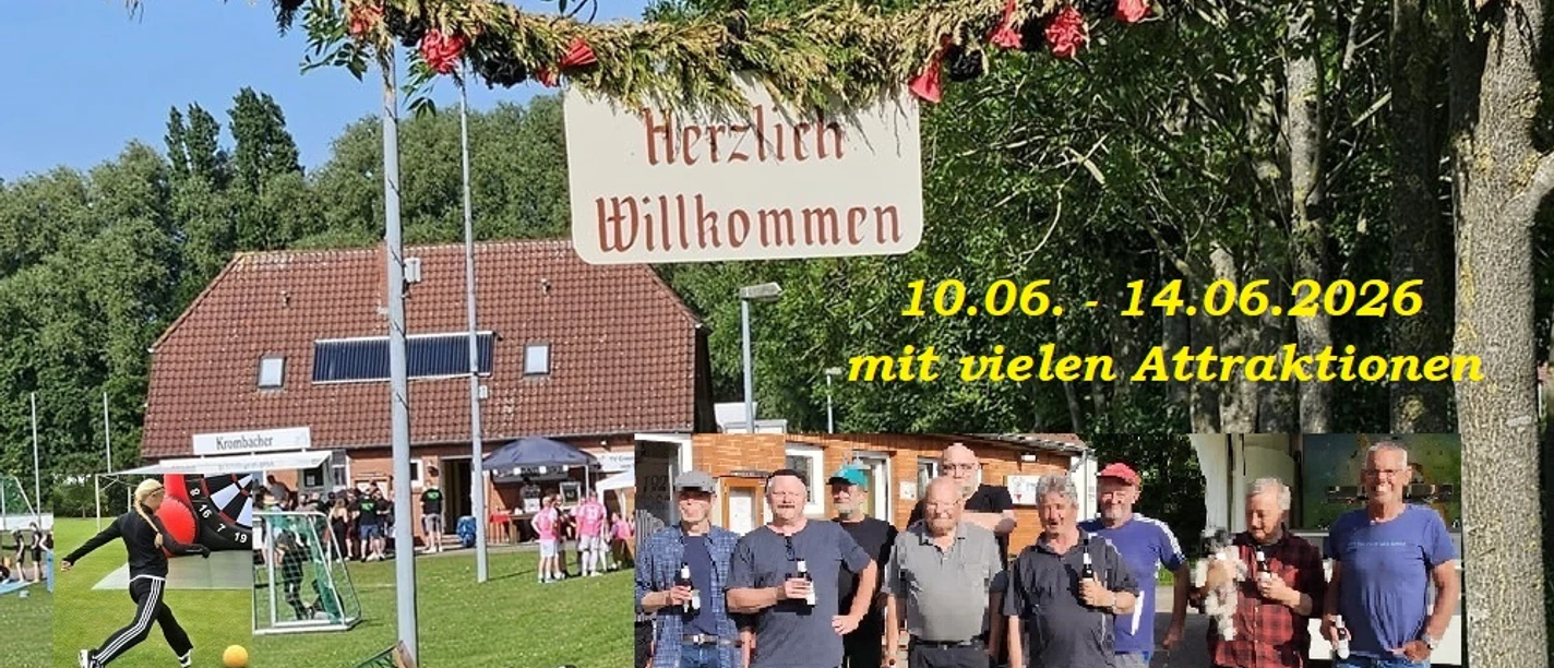 Sportwoche Greetsiel Sportwoche mit Sportplatz, Dartspiel und Besuchergruppe vor Vereinsheim