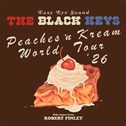 Braun Poster mit Tourtitel The Black Keys und Pfirsichkuchen mit Sahne.