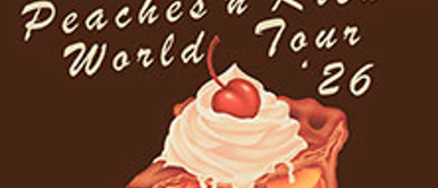 Braun Poster mit Tourtitel The Black Keys und Pfirsichkuchen mit Sahne.
