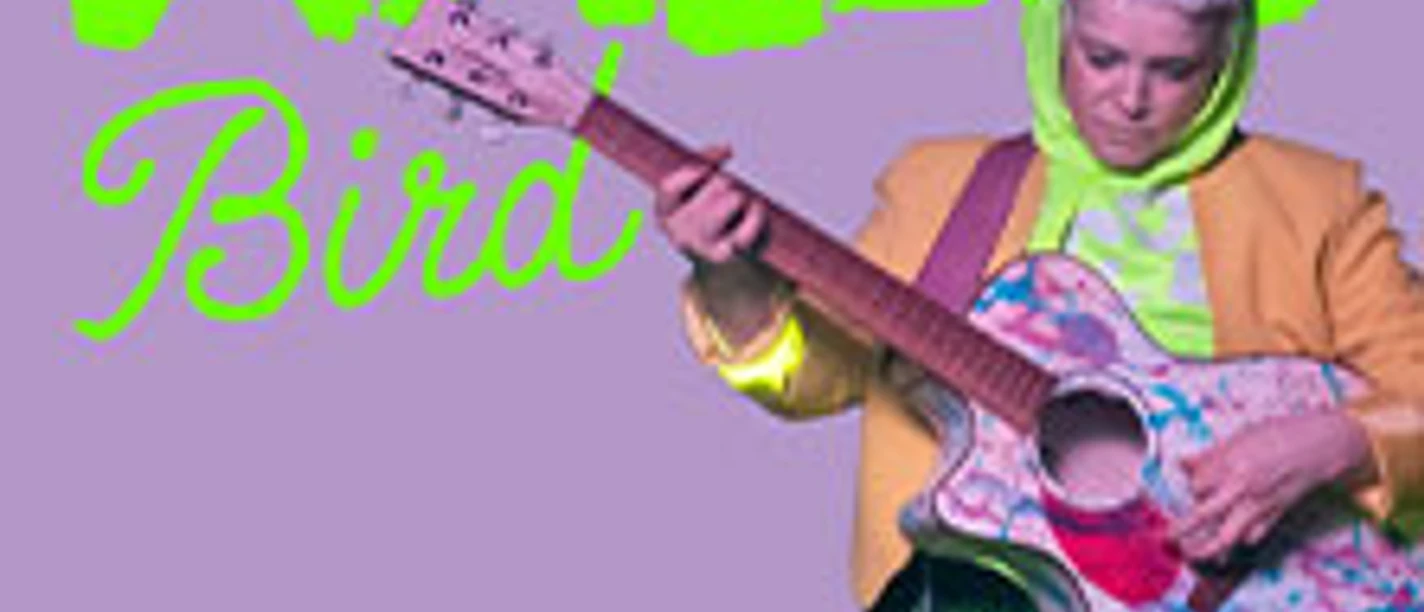Person mit bunter Gitarre vor lila Hintergrund, daneben groß der Schriftzug Wallis Bird