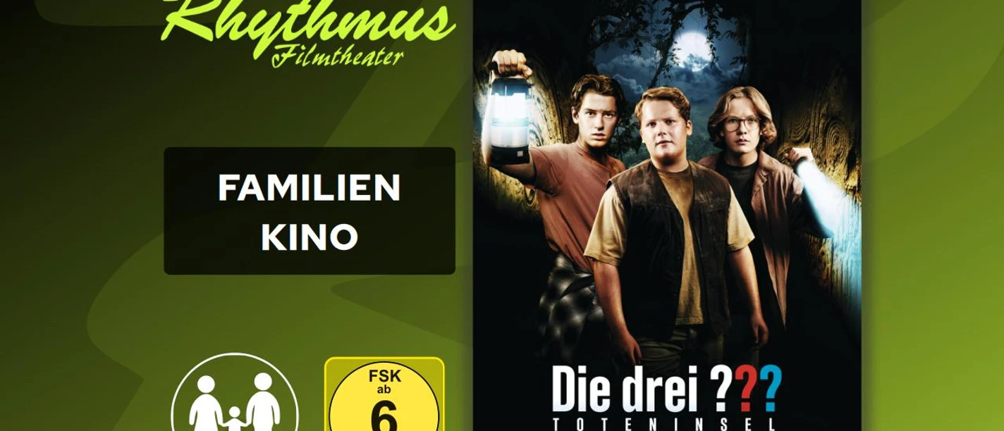 Filmplakat Die drei ??? - Toteninsel mit drei Jungen und Laternen in dunkler Höhle