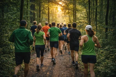 Laufgruppe.png Gruppe von Menschen läuft zusammen im Wald. Sonne scheint durch Bäume.