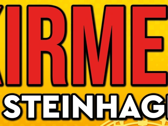 Kirmes in Steinhagen Großer roter Schriftzug „Kirmes in Steinhagen“ auf gelbem Hintergrund