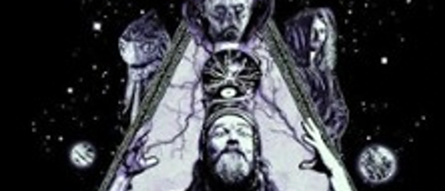 Psychedelisches Artwork mit Figuren, UFO-artigem Objekt und dem Schriftzug Henge