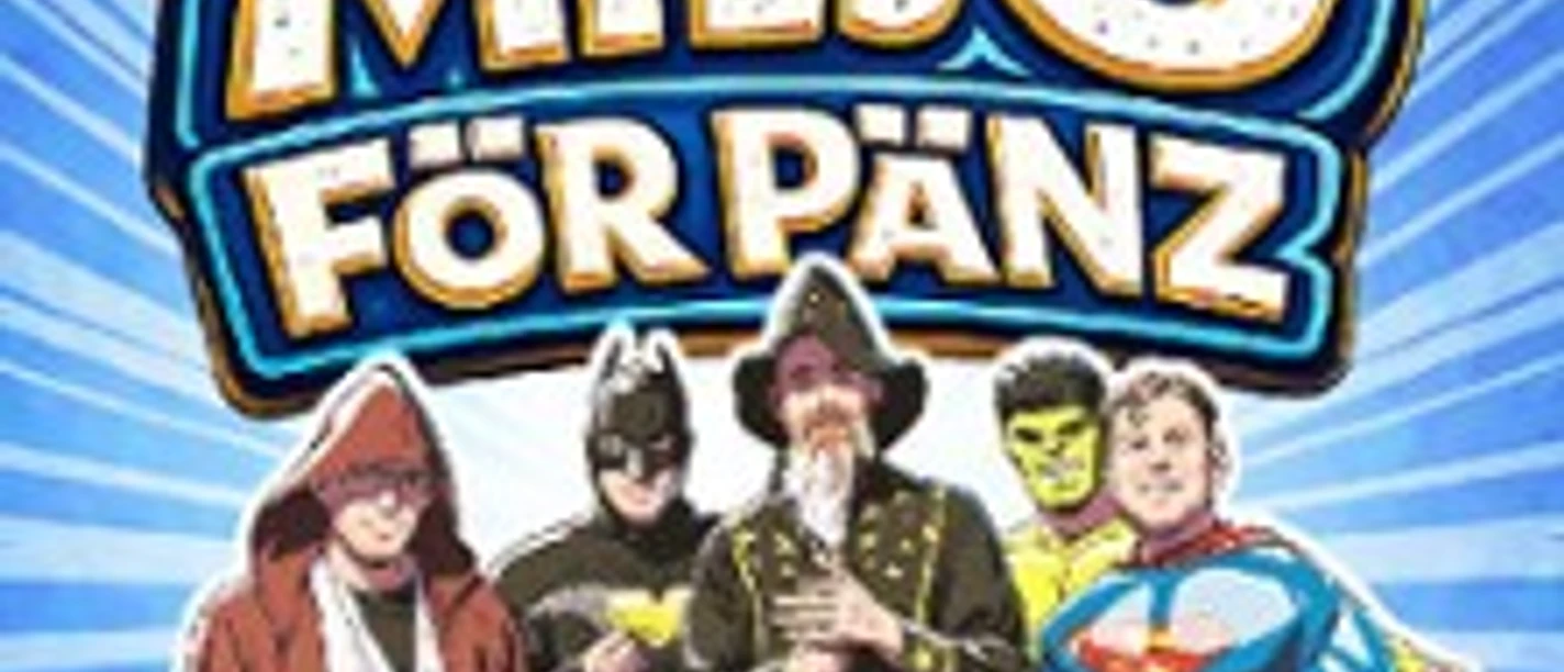 Plakat „Miljö för Pänz“ mit vier Superhelden vor blauem Strahlenhintergrund
