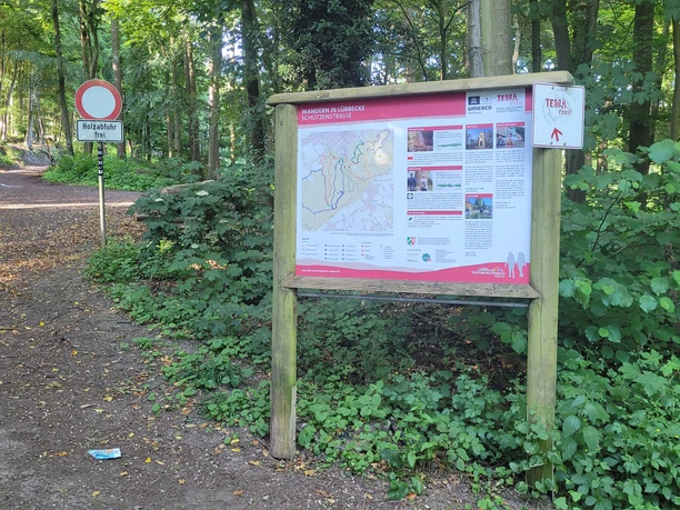 Infotafel am Wanderparkplatz im Wald, daneben breiter Forstweg und Verkehrsschild