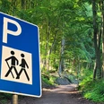 Wanderparkplatz Die westfälischen Sieben Parkplatzschild mit Wanderpiktogramm an Waldweg im Grünen