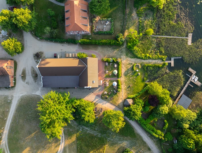Gut Große Zecher from above Aerial photo shows buildings, paths, trees and footbridges by the water on the Groß Zecher estate.