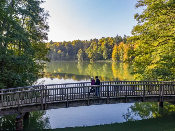Wandern am Schmalsee Zwei Menschen laufen auf einer Brücke über den Schmalsee bei Mölln. Die umgebenden bäume strahlen in bunten Herbstfarben.