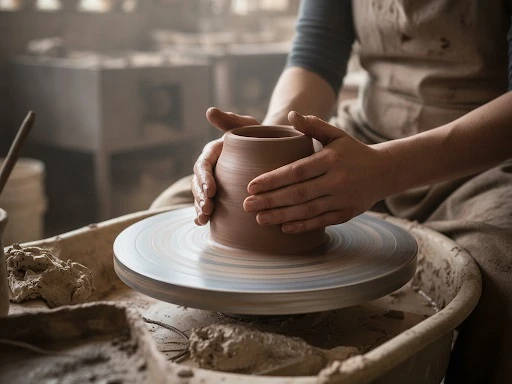 Töpfern_KI-Gemini.jpg Töpferscheibe, Hände, die ein Gefäß formen