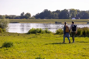Ein Mann und eine Frau spazieren Hand in Hand über eine Wiese an der Elbe bei Lauenburg.