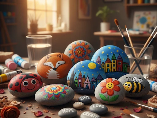 bemalte_Steine_KI-Gemini.png bunt bemalte Steine auf einem Tisch