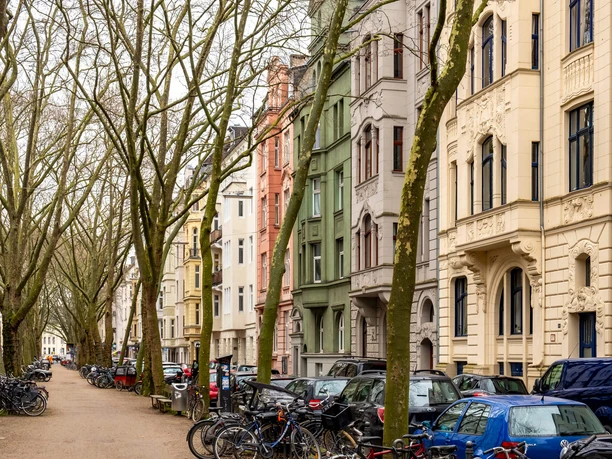 Agnesviertel Tree-lined path with historic houses and numerous bicycles on the roadside
