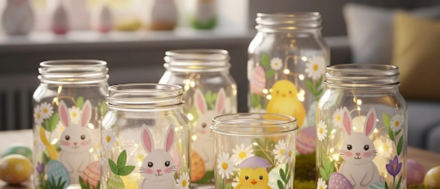 Ostergläser_KI-Gemini.jpg Schraubgläser, die mit Ostermotiven verziert sind