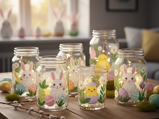 Ostergläser_KI-Gemini.jpg Schraubgläser, die mit Ostermotiven verziert sind
