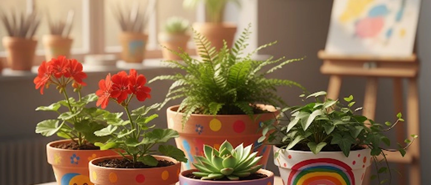 Tontöpfe.jpg bemalte Tontöpfe mit Pflanzen