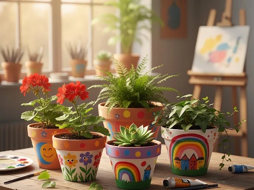 Tontöpfe.jpg bemalte Tontöpfe mit Pflanzen