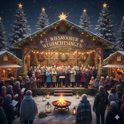 Chor singt vor festlich geschmückter Bühne im Schnee, Feuerkorb und Tannen im Hintergrund