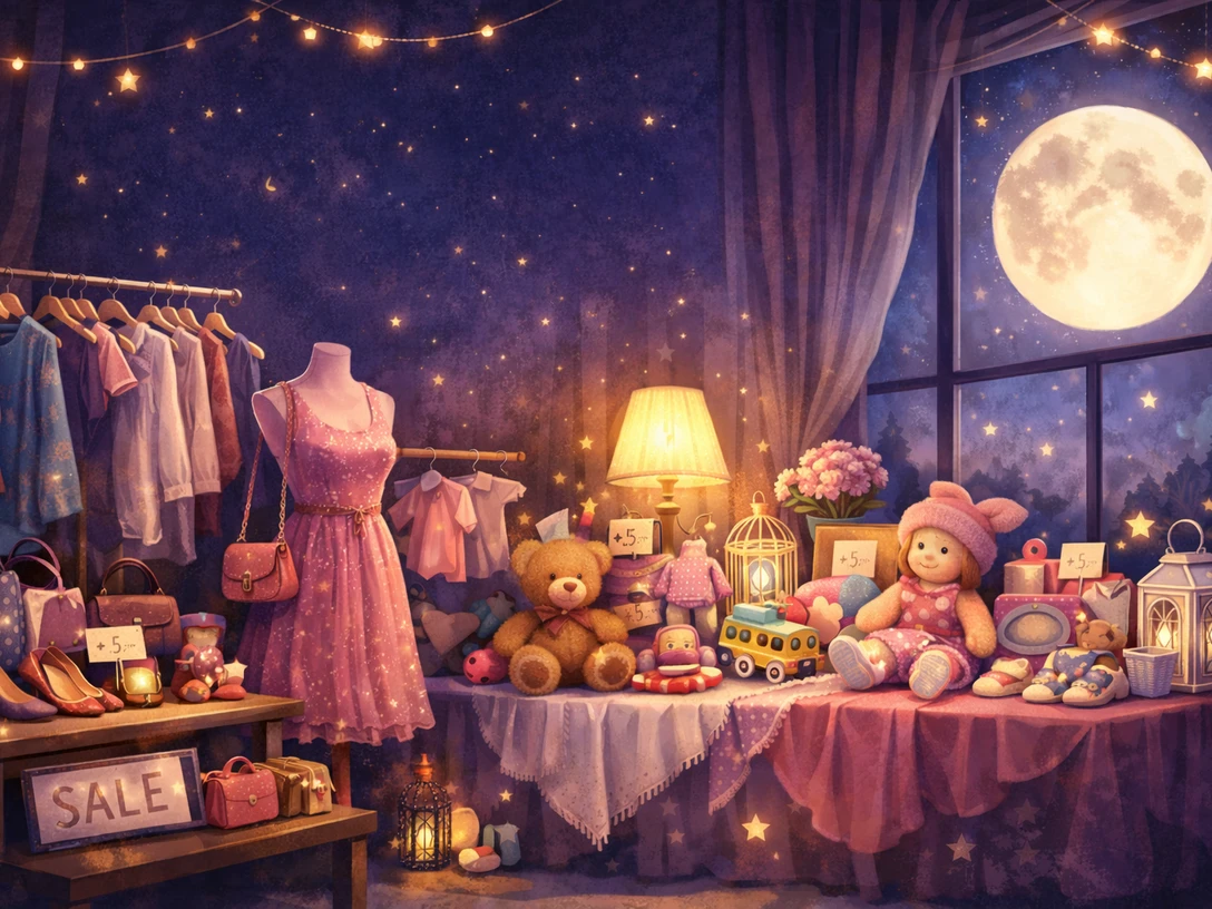 Moonlight Shopping KI generiert Stimmungsvoller Nachtflohmarkt mit Mode, Spielzeug und Lichterglanz unterm Vollmond