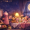 Moonlight Shopping KI generiert Stimmungsvoller Nachtflohmarkt mit Mode, Spielzeug und Lichterglanz unterm Vollmond