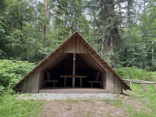 Schutzhütte am Hohen Elbufer Eine Schutzhütte steht am Hohen Elbufer im Wald.