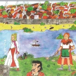 Bunte Zeichnung mit zwei römisch gekleideten Kindern vor Fluss und antiker Stadt