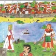 Bunte Zeichnung mit zwei römisch gekleideten Kindern vor Fluss und antiker Stadt