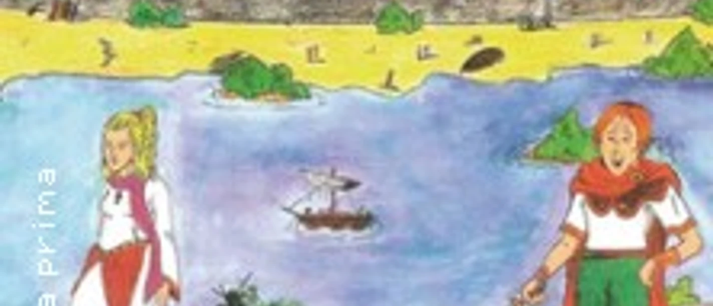 Bunte Zeichnung mit zwei römisch gekleideten Kindern vor Fluss und antiker Stadt