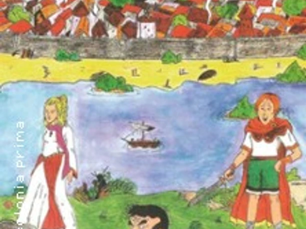 Bunte Zeichnung mit zwei römisch gekleideten Kindern vor Fluss und antiker Stadt